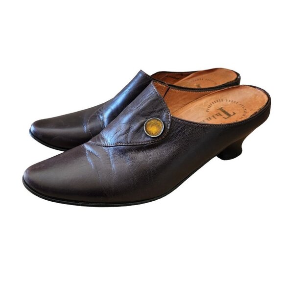 Think! Brown Leather Pointed Toe Artsy Aladdin Lagenlook Mule Clog Heels Sz. 40 - Picture 2 of 8